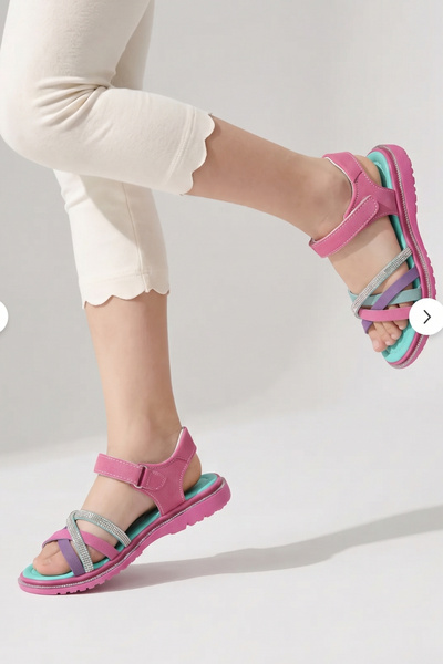 Moda Lime Kız Çocuk Sandalet Önü Açık Taş Detaylı Şeritli Cırtlı Rahat Esnek ...