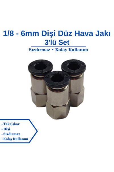 BROTECH 1/8 - 6mm Dişi Hava Jakı - Düz Hortum Bağlantısı - Pnömatik Jak - 3'lü Set