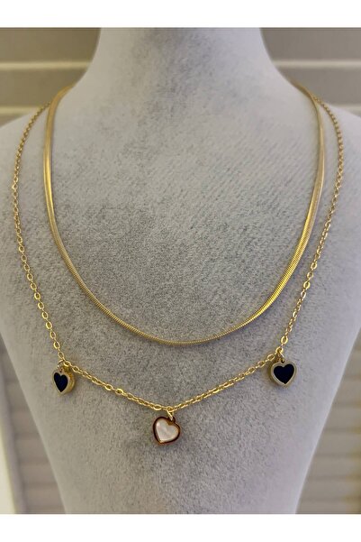 Gosea Double Layer Gold Color Italian Chain and Heart Pendant Women's Steel N...