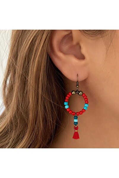 LeylanTakı Women's Red Wooden Authentic Hoop Tassel Earrings Bijouterie Trend...