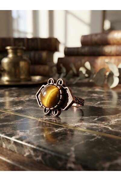 Meneva Aksesuar Authentic Ring with Tiger's Eye Natural Stone and Copper Inla...