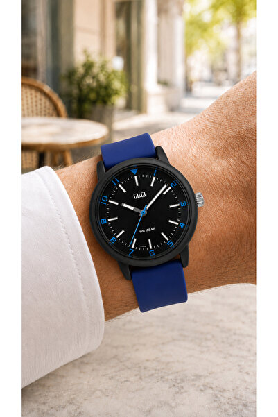 Q&Q Men's Blue Silicone Cord Black Dial 10 Bar Wristwatch 2 Year Warranty