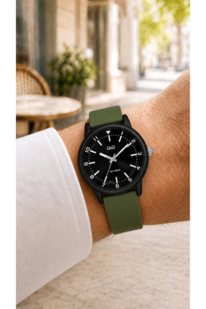 Q&Q Men's Green Silicone Cord Black Dial 10 Bar Wristwatch 2 Year Warranty