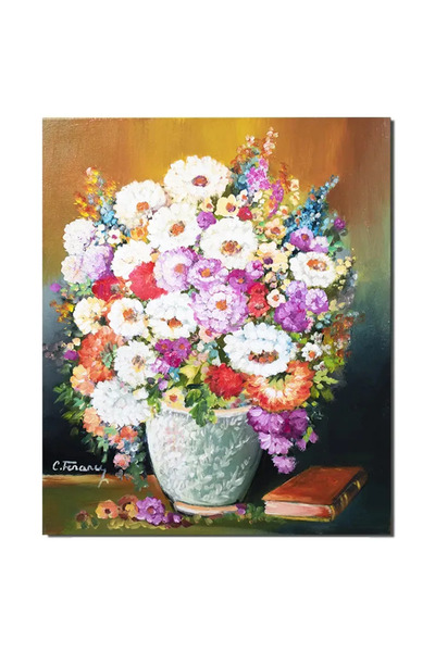 artnova Ръчно рисувана картина, Ваза с хризантеми и книга, 60x50см маслена на...