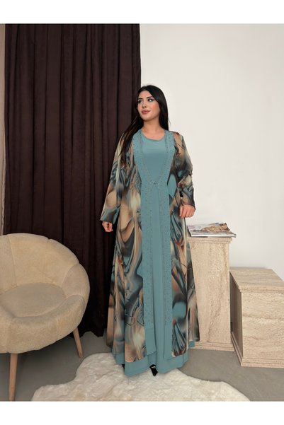Missrosemoon Yeni Sezon Büyük Beden Tesettür 2’li Elbise Takım –Taş ve İnci D...
