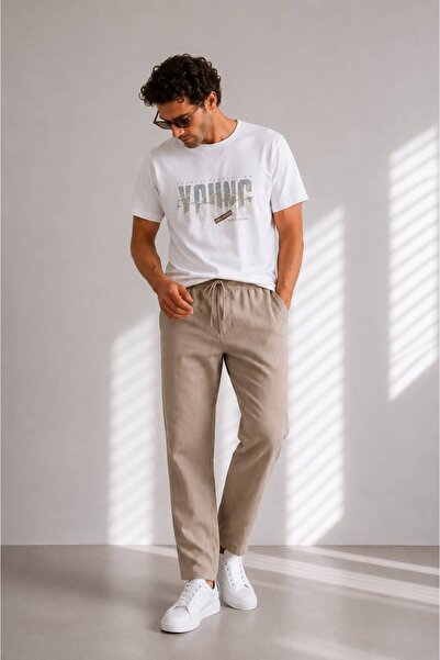 Wise Pantaloni pentru bărbați, 100% bumbac și in, cu talie elastică