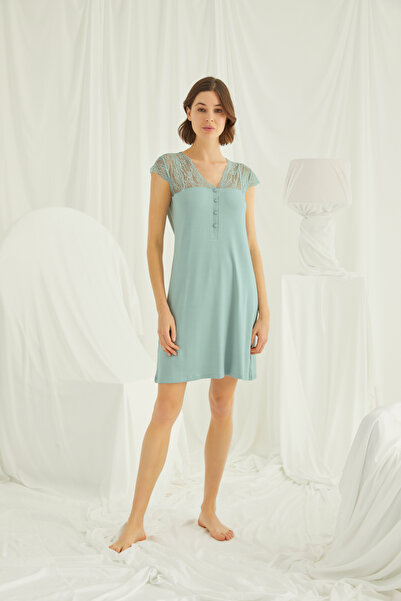 MONAMİSE Premium Lace Cap Sleeve Women's Mint Green Viscose Nightgown - Styli...