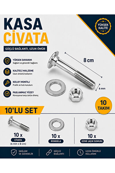 akatsuki M6x8cm Yuvarlak Başlı Kasa Civatası 10 + Somun 10 + Pul 10 ( Takım 1...