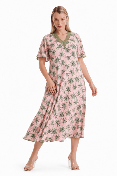 ESLEMCE Bamboo Viscose Fabric V Lace Collar Detailed Flared Dress