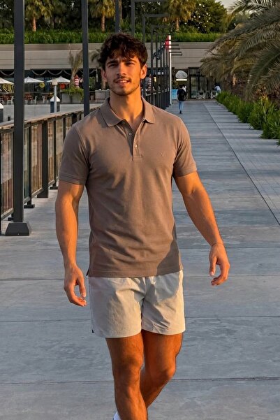 Maccali Tricou bărbătesc de vară cu guler polo, brodat, maro