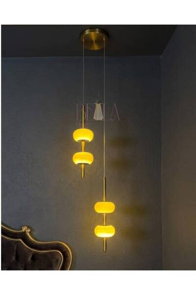 bella lighting Exclusive Premium Traventen İkili Avize Marble Tasarım Sarı Al...