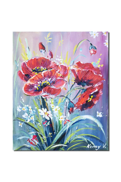artnova Tablou cu maci si margarete pictat manual, 50x40cm acril pe panza efe...