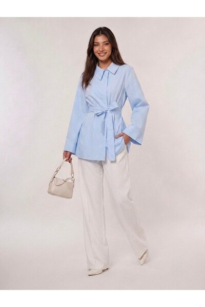 EMMAS CLOTHİNG Women's Belted Wide-Sleeve Poplin Shirt