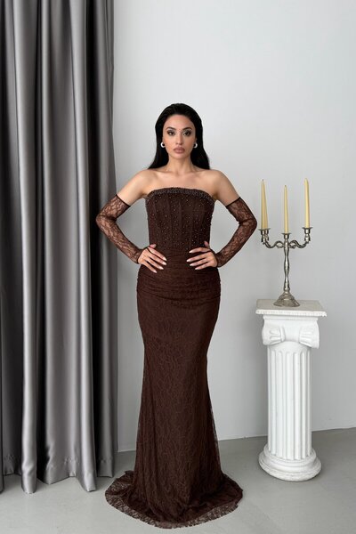Serica Moda Kahverengi Straplez Taş İşlemeli Balenli Eldivenli Dantel Abiye E...