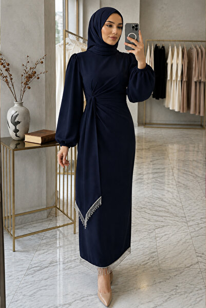 N.S NEVA STYLE Balon Kol Dark Navy Blue Hijab Evening Dress 62251Kl