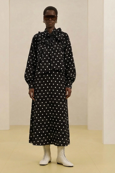 Mevra Flora |   Bow Detailed Maxi Design Dress Polka Dot