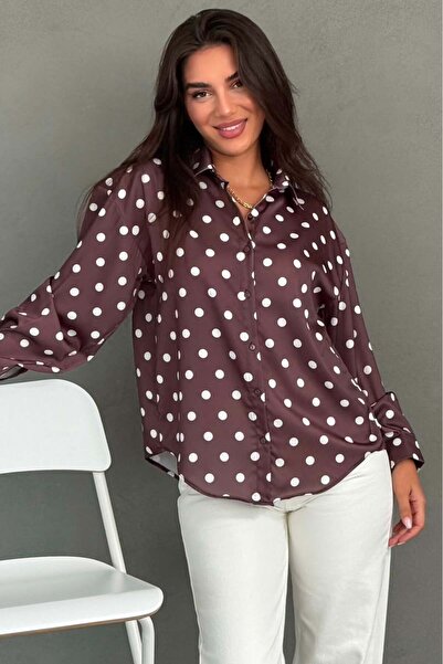 Madmext Brown Polka Dot Satin Women's Shirt Mg2869