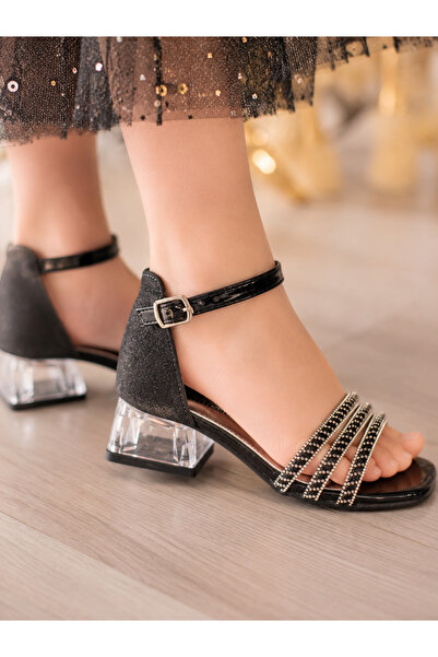bambino kids shoes Black Stone Detailed Square Style Block Heel Girls' Evenin...