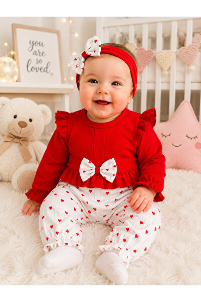 Tri-Berries Heart Printed Baby Girl Jumpsuit - Bow Hairband Baby Set