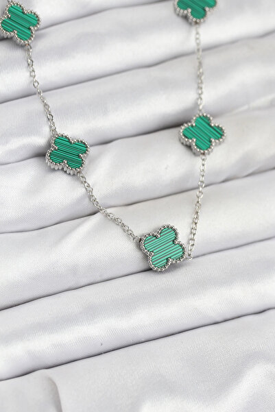 ARMÜZ 316L Steel Chain Silver Color Green Clover Women Necklace