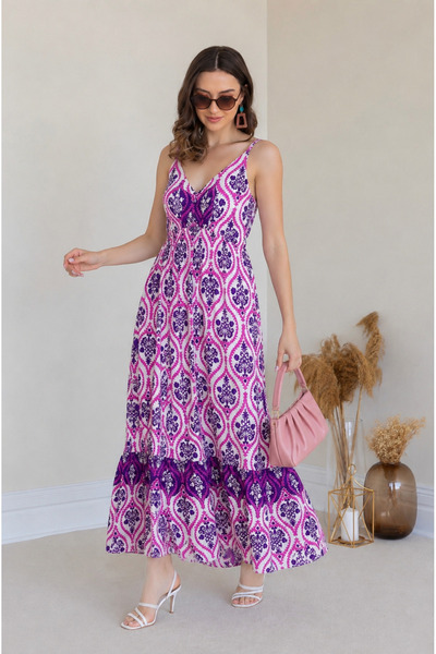 Butik Askılı V Yaka Desenli Viskon Maxi Elbise