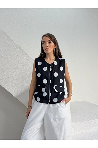 LB Laluna Butik Women's Polka Dot Zippered Linen Vest