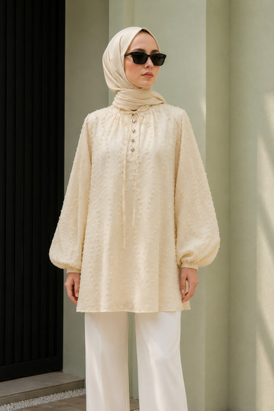 bellura Bağcıklı Düğmeli Astarlı Nakışlı Oversize Keten Tunik