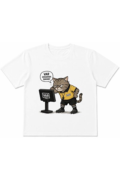 EYMORA Var Referee Cat Facing Screen Printed Unisex White T-Shirt 100% Cotton...