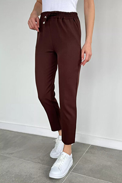 Aryena Brown Women's Elastic Waist Fabric Trousers