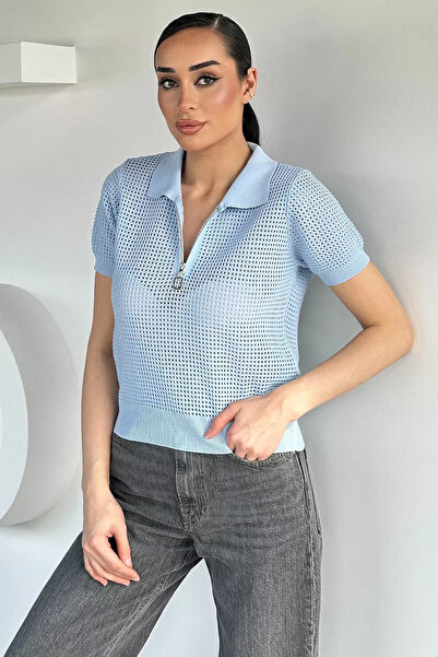Aryena بلوزة تريكو نسائية من Blue Gülseli بياقة بولو ونصف سحاب