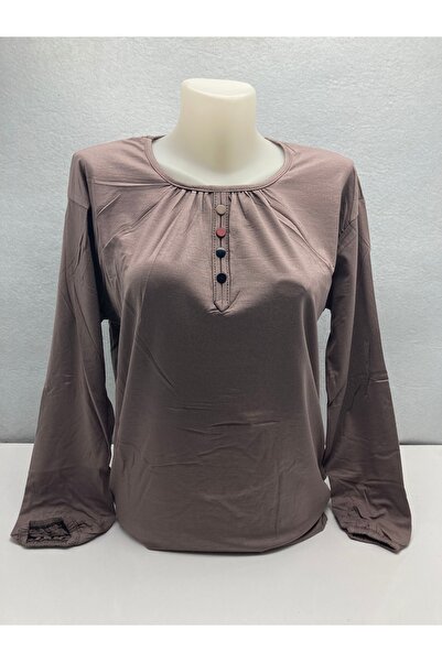 LÜKS MİRAYDA Half Button Elastic Sleeves Long Sleeve Mom Combed Cotton Blouse...
