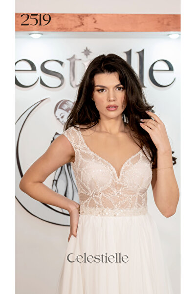 Celestielle Rochie de mireasă A‑line din mătase, fără mâneci, cu dantelă florală și paiete