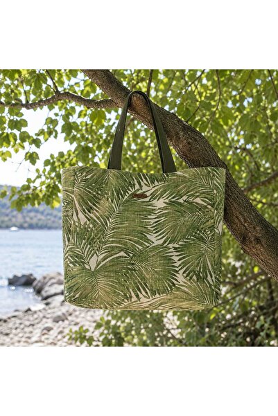 Elisss Design Beach Bag Picnic Bag Baby Bag Green Floral Patterned Lined Pock...
