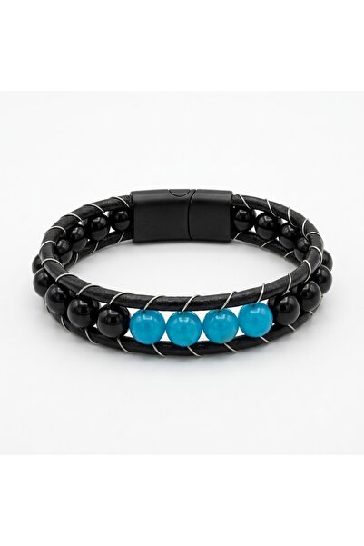 Ceyyiz Men's Black Leather Natural Stone Bracelet - Masculine Design with Blu...