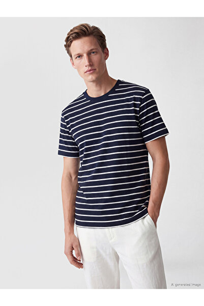 LC Waikiki Southblue Navy Blue Crew Neck Striped Combed Cotton Men's T-Shirt
