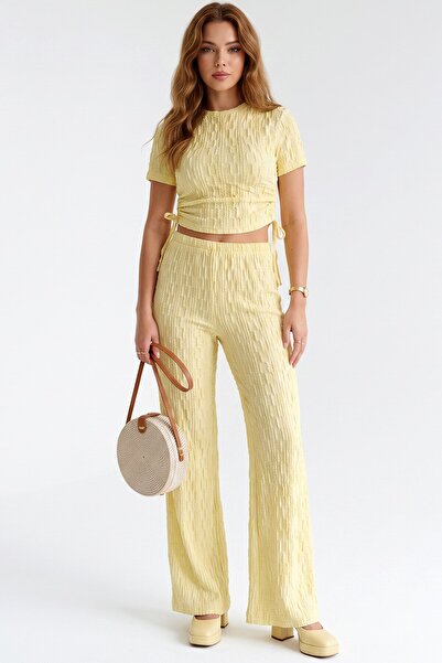 hadiora Lemon Yellow Bubble Textured Two-Piece Set - Crop Top and Wide-Leg Pants