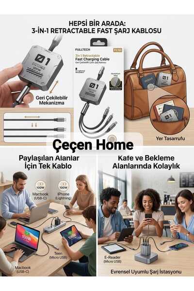 ÇEÇEN HOME 3 Metre 100W 3in1 Geri Çekilebilir Hızlı Şarj Kablosu 3m Uzun Çokl...