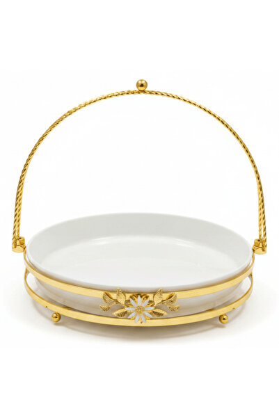 AKDC Silu White Ceramic Round Serving Tray with Ornate Golden Metal Base & Ar...