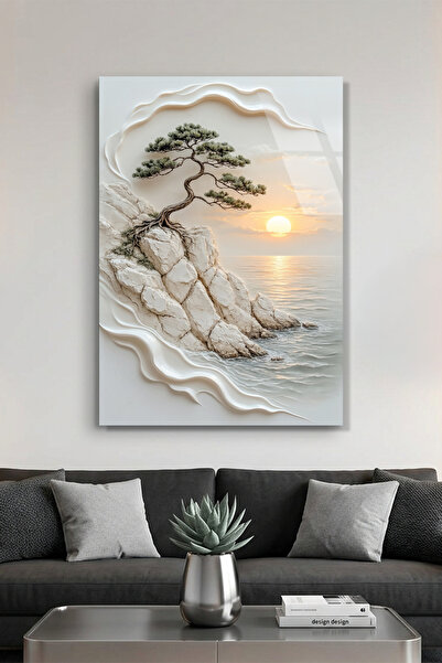 Vitraum Falez Kenarı Bonsai Ağacı Gün Batımı Yağlı Boya Dokulu Cam Tablo