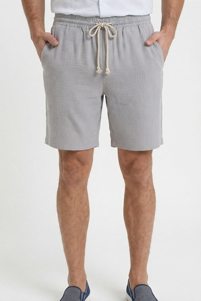 Sizce Men's Gray Muslin Linen Shorts 100% Cotton Full-Fit with Back Pockets