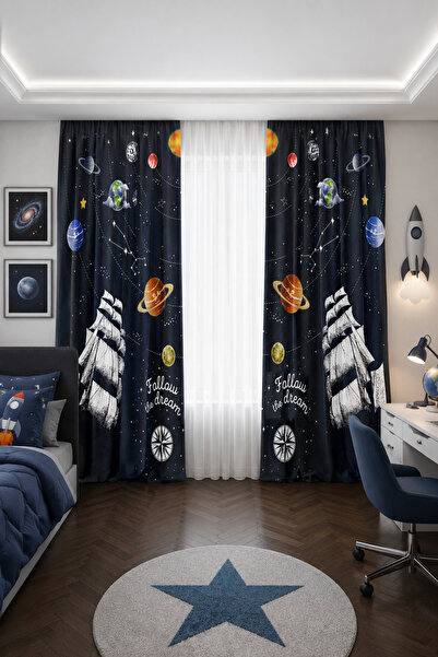 HOMESSA Astronot ve Gezegen Desenli Lacivert Çift Kanatlı Fon Perde