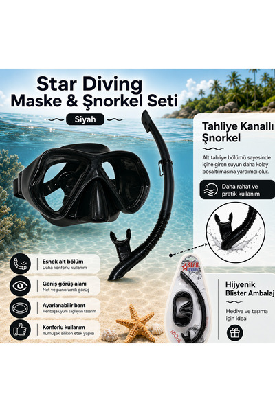 Star Diving Profesyonel Görünümlü Maske Şnorkel Seti, Yetişkin Dalış ve Şnork...