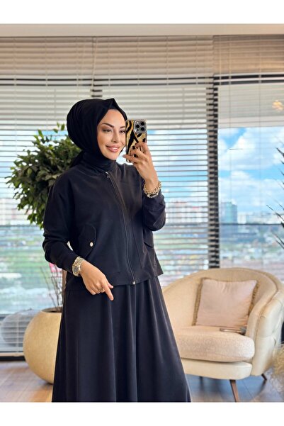 ALANURMODA 4484 Skirt Suit with Front Zipper Pocket and Skirt in Black