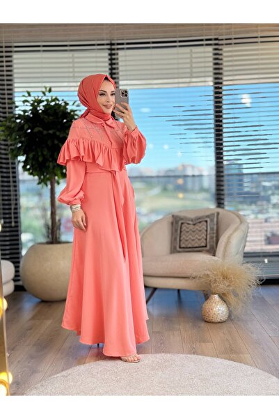 ButikMoor 6002 فستان مزين بالأحجار والكشكش بلون السلمون