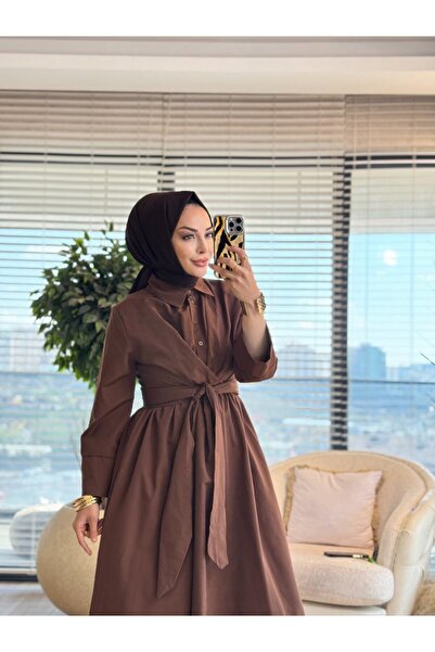 Afili 1508 Long Belted Front Dress Brown