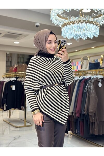 ALANURMODA 2589 تونيك تريكو غير متماثل مخطط باللون البني