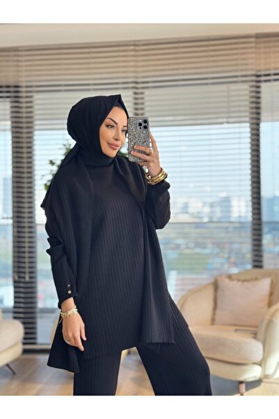 ALANURMODA 10017 طقم تريكو بأكمام وأزرار مع شال باللون الأسود