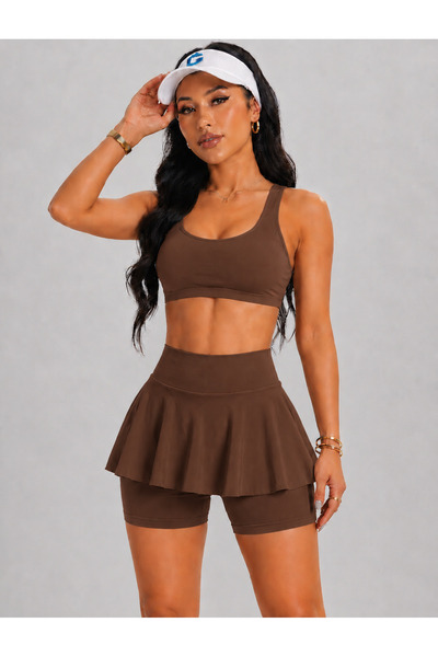 MAROVOAY Women's High Waist Inner Leggings Mini Sport Skirt-Crop 2 Piece Set