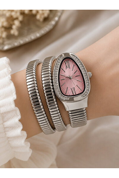 Weluxa Snake Bracelet Watch Silver Color Pink Dial Women's Stylish Design Gif...