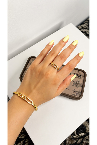 stainles steel Luxury and Elegant Gold Color Hand Ring Bracelet and Zircon Ri...